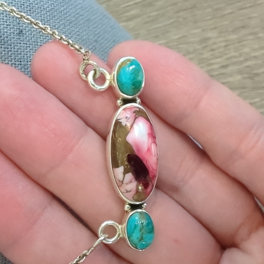 Southwest Red Dahlia Mohave Turquoise Sterling Silver Bar Necklace - Picture 4 of 9